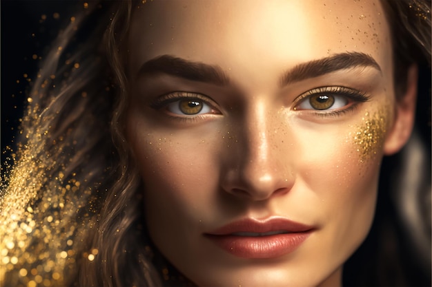 Beautiful Woman Face with Gold Artistic Glitters Makeup