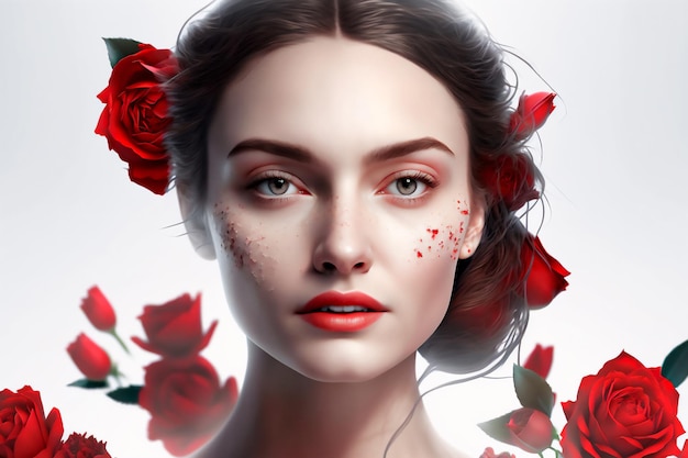 beautiful woman face with red roses women s s day