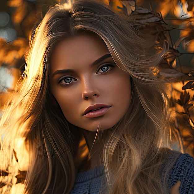 Beautiful woman on a fall day at golden hour cinematic close up portrait