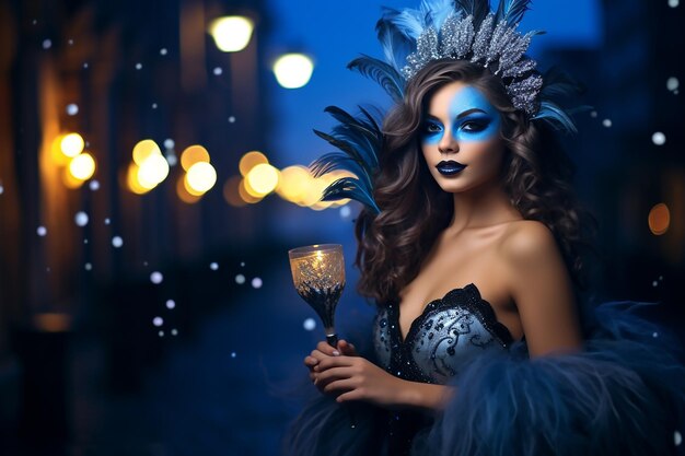 Beautiful woman in fancy dress and feathers at chic carnival on venice