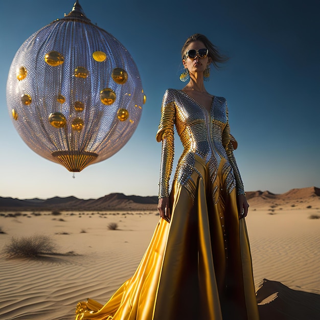 Foto bella donna in costume d'oro che cammina lungo il trucco di bellezza moda deserto