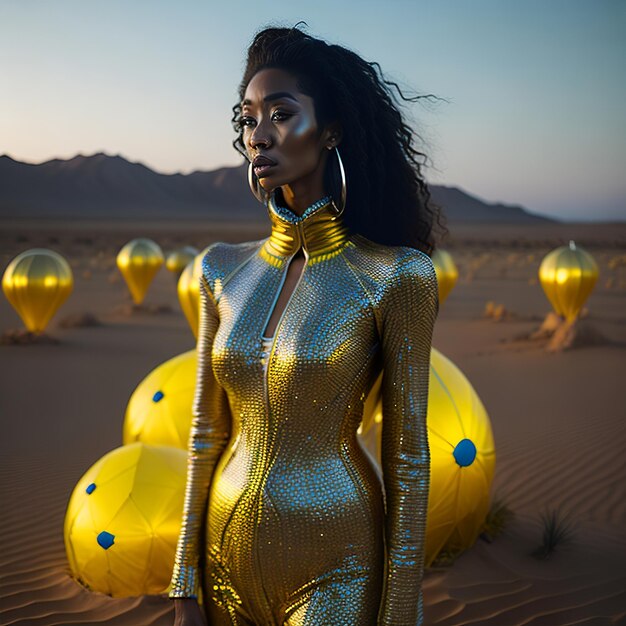 Photo beautiful woman in fancy dress golden walking down the desert fashion beauty makeup