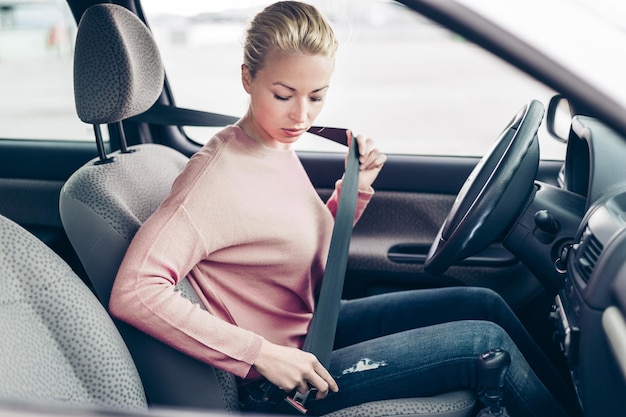 Beautiful woman fastening seat belt in small personal car