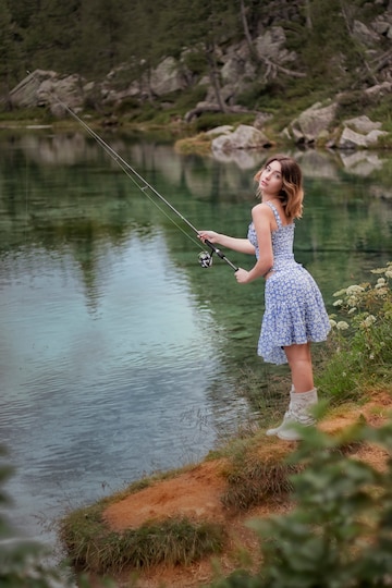 Premium Photo  A beautiful woman fishing on the lake