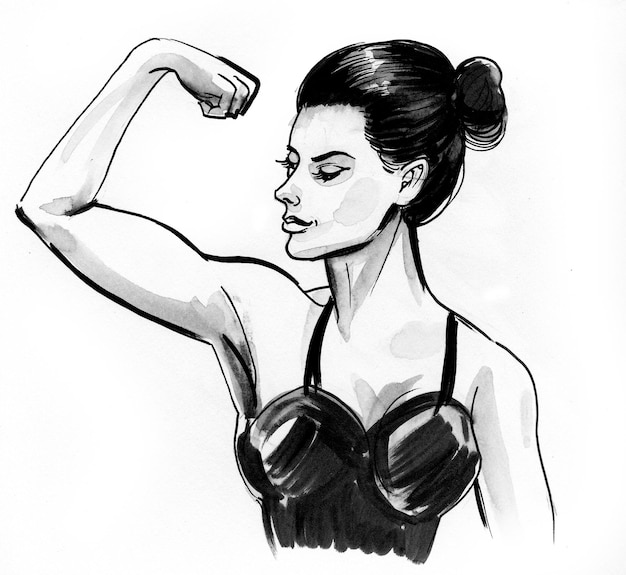 Beautiful woman flexing biceps. Ink black and white drawing