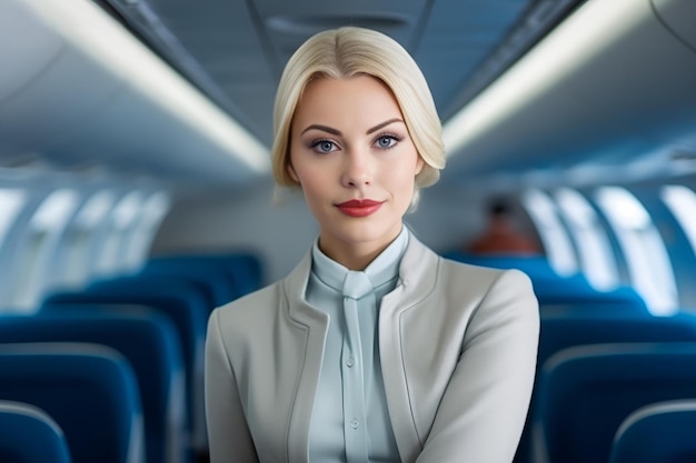 Beautiful woman flight attendant portrait on board ai generative