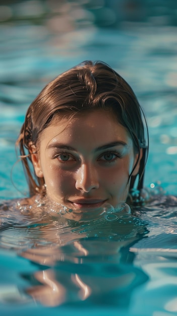 写真 ホテルのリゾートのプールで浮いている美しい女性 close up