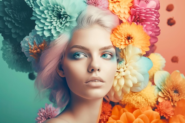 Beautiful woman in flowers Mental health women's day or mother's day concept Generative AI illustration