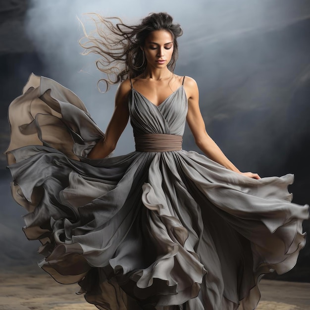 Beautiful woman in flowing grey dress with windblown hair