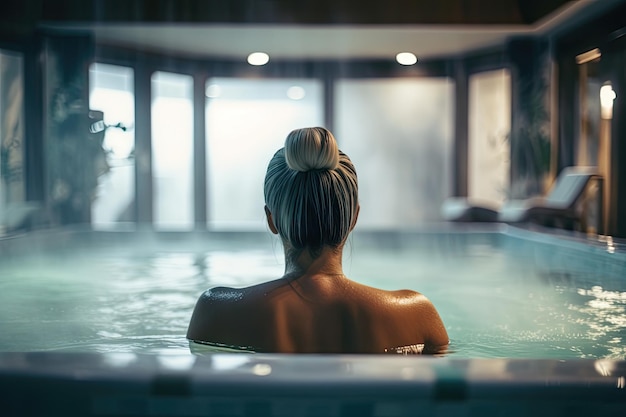 Foto bella donna da dietro che si rilassa in una vasca idromassaggio ai generativa