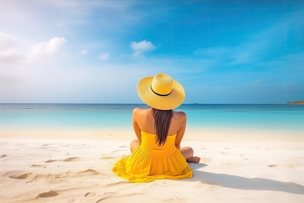 Beautiful woman from behind in yellow dress sitting on a tropical beach with white sand and turquoise sea Concept of summervacationtravel Ai generative