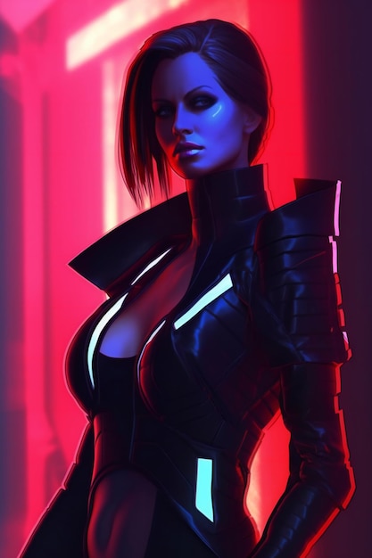 A beautiful woman in a futuristic costume with neon light