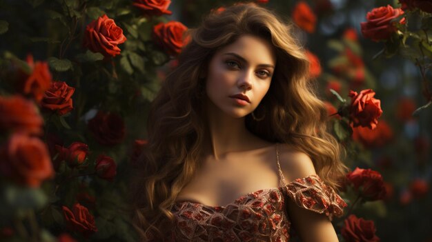 Foto bellissima donna nel giardino di rose ai immagini generate