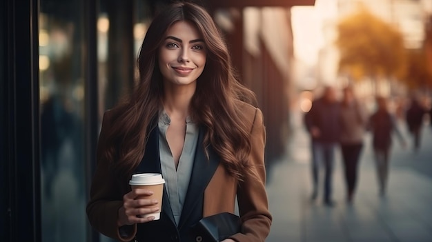 美しい女性がコーヒーを飲んで仕事に行きオフィスビルの近くを歩いています