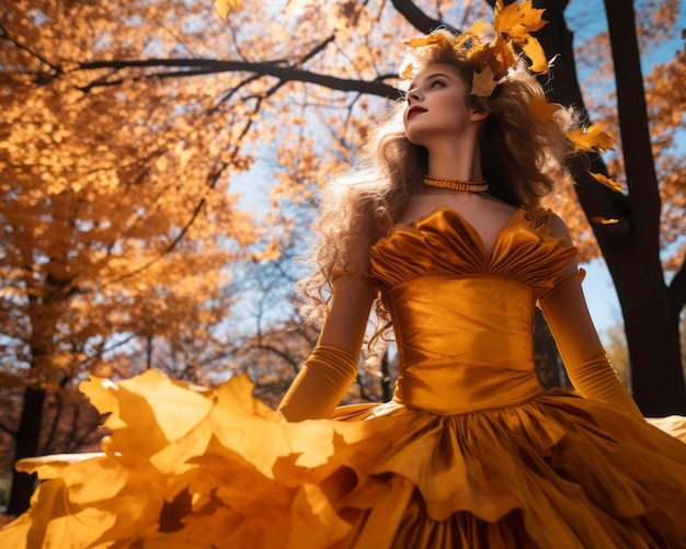 秋の公園で金色のドレスを着た美しい女性