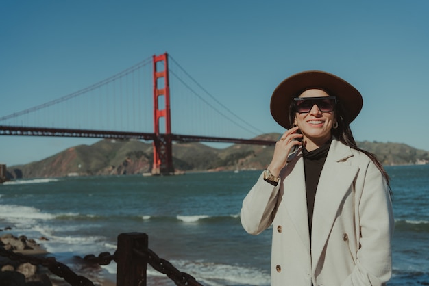 Beautiful woman Golden Gate bridge San Francisco