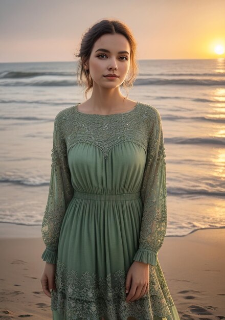 Foto bella donna in vestito verde sulla spiaggia con il tramonto ai generativa