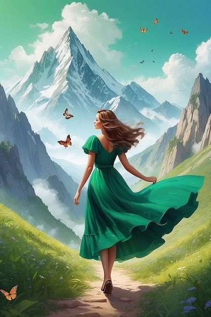 Beautiful woman in a green dress chasing butterflies on a mountain