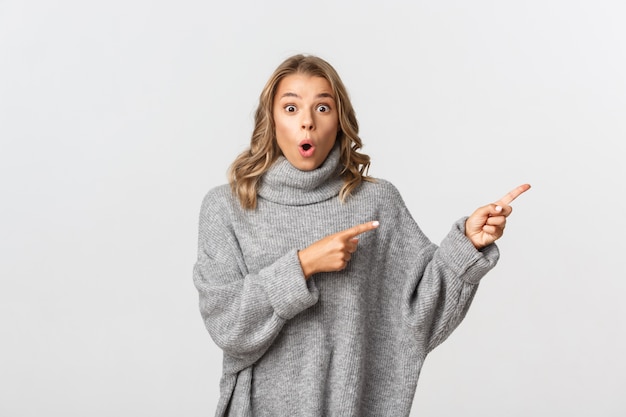 Beautiful woman in a grey sweater posing