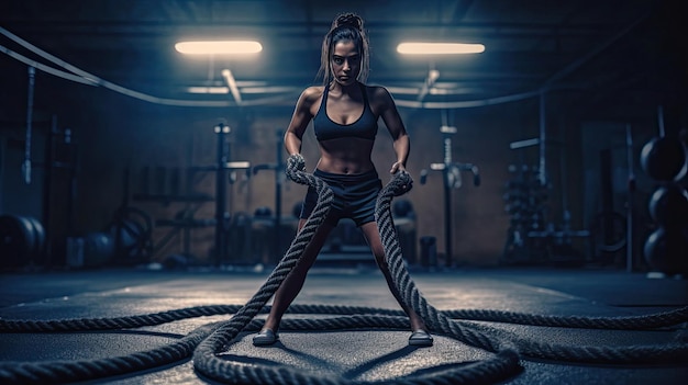 beautiful woman and gym doing battle ropes