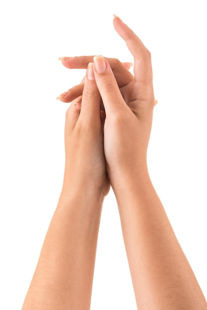 Beautiful woman hands over white background