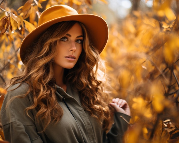 a beautiful woman in a hat in an autumn forest