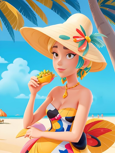 красивая женщина в шляпе пляж пальмы ест икру портрет минимализм