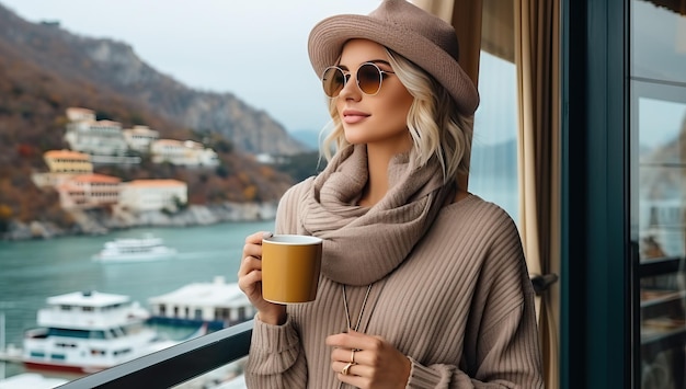 Прекрасная женщина в шляпе и шарфе с чашечкой кофе и взглядом в другую сторону