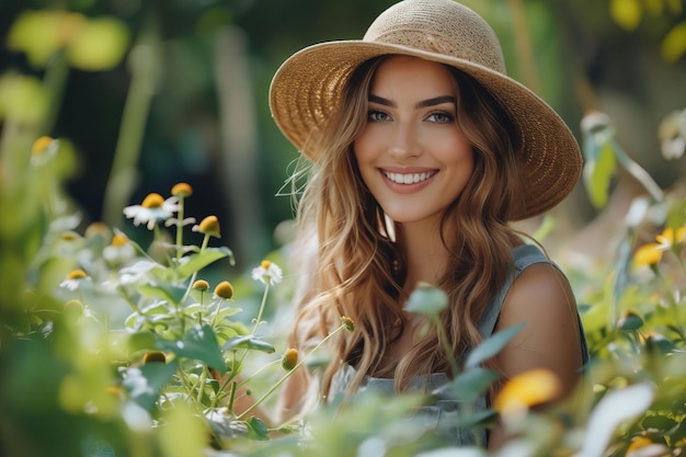 A beautiful woman in a hat in weeds