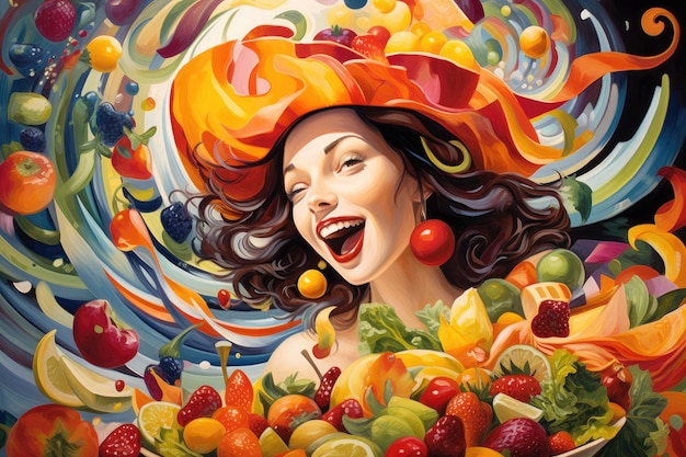 Beautiful woman in a hat with a plate full of fruit young woman gorging on a small bowl of salad her face filled with joy as she chews on the colorful and vibrant fruits AI Generated