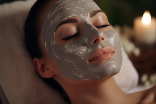 Beautiful woman having a facial cosmetic mask and enjoying serene ambiance at wellness spa salon