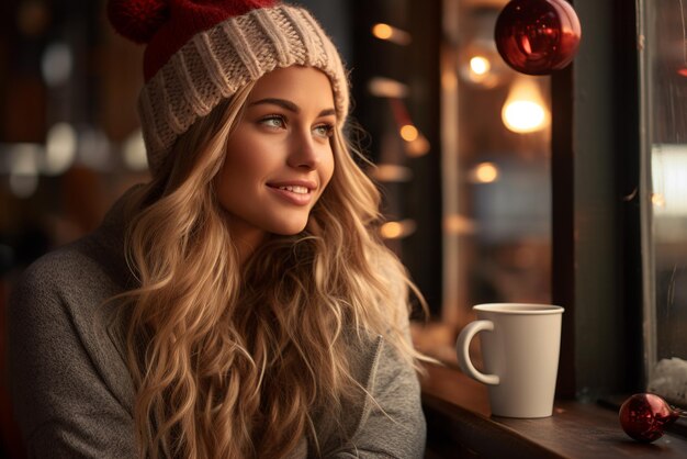 Красивая женщина пьет чай рядом с окном Холодный день