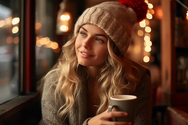 Beautiful woman having tea next to the window Cold day