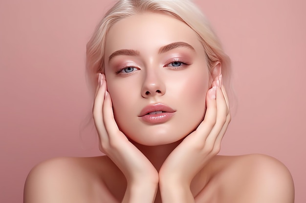 Beautiful woman healthy skin care concept portrait with hands close up light pastel background