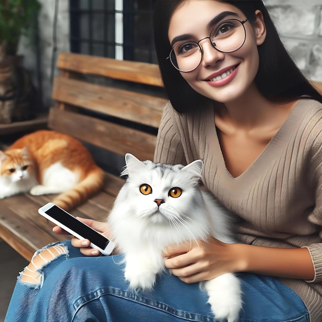 Photo a beautiful woman and her cute cat