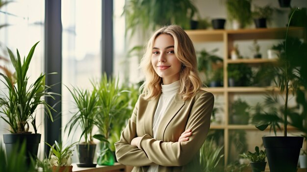 Photo beautiful woman in her nature friendly office