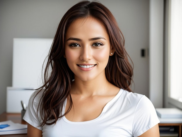 A beautiful woman in her office grinning at the camera while sporting a white tshirt