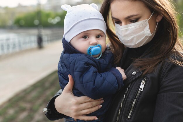 La bella donna e suo figlio indossano una maschera di protezione per il virus della corona o l'epidemia di virus covid-19 e il pomeriggio in una città