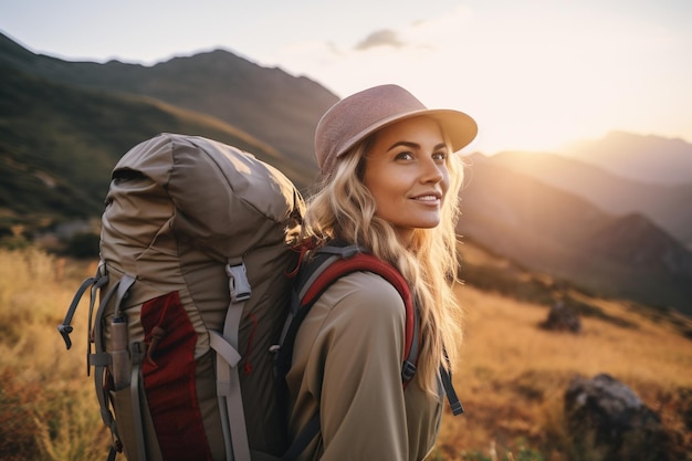 Photo beautiful woman hiker with backpack hiking in the mountains at sunset