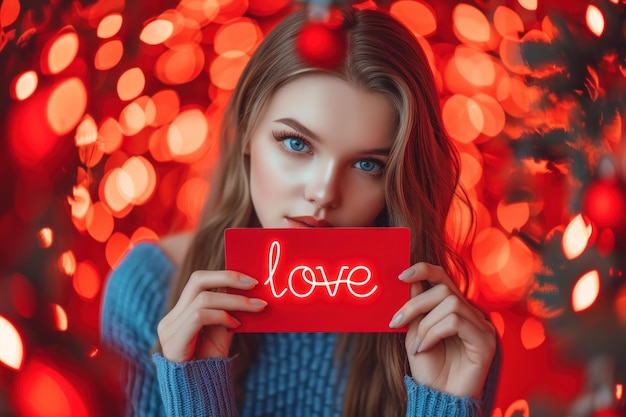 Beautiful woman hold Love card on hand with bokeh background