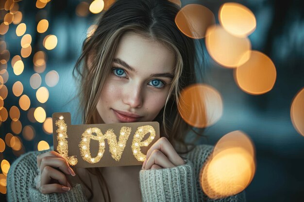 Beautiful woman hold Love card on hand with bokeh background