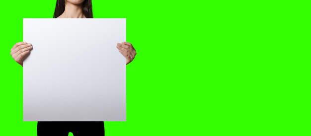 Beautiful Woman holding blank signboard on green screen background suitable your element project added copy space for text