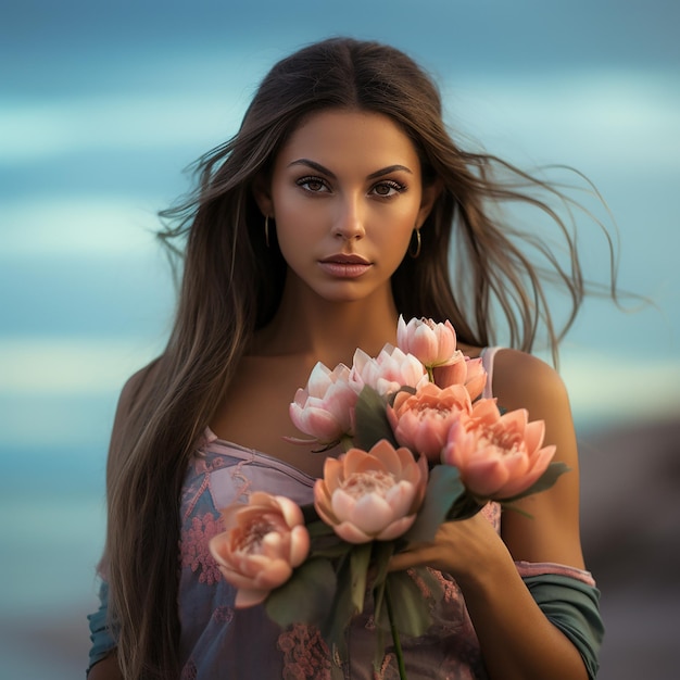 Photo a beautiful woman holding a bouquet of lotus flowers at the beach