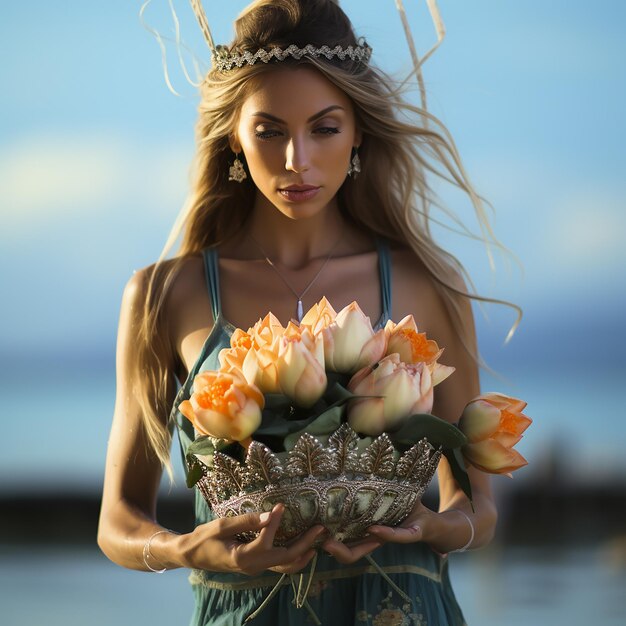 A beautiful woman holding a bouquet of lotus flowers at the beach