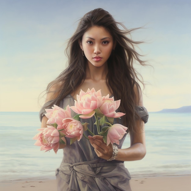 A beautiful woman holding a bouquet of lotus flowers at the beach