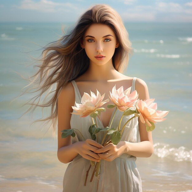 Photo a beautiful woman holding a bouquet of lotus flowers