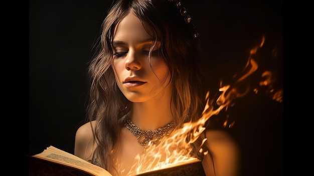 Beautiful woman holding a burning book generative AI