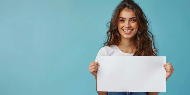 写真 青い背景の空白の白いシートを握っている美しい女性 テキストのスペース 生成ai