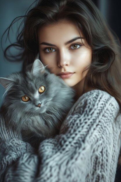 Photo a beautiful woman holding a gray cat