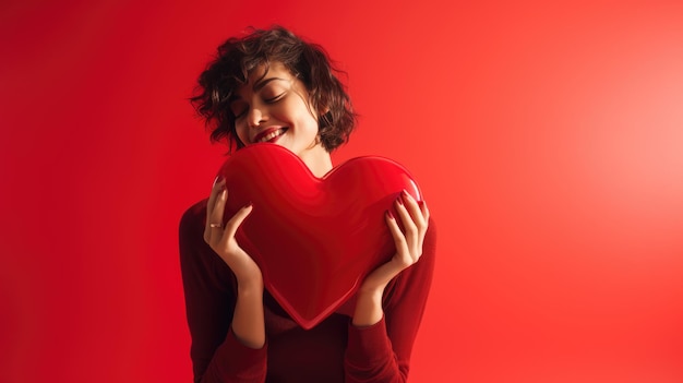 Beautiful woman holding and hugging big soft red heart on red background St Valentines Day vibe